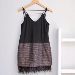 GREYLIN Black & Gold Czar Feather Trim Tweed Mini Party Dress Size XS​
